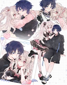 1boy 1girl alternate_costume animal_ears arm_at_side arm_cutout arm_rest arms_around_neck artist_request asymmetrical_legwear bear_ears black_choker black_dress black_hair black_jacket black_ribbon black_shirt black_shoes black_shorts black_skirt black_socks blue_eyes blunt_ends blush bomber_jacket bow breast_pocket breasts casual choker closed_mouth clothing_cutout commission commissioner_insert contemporary couple cross-laced_shoes dress earrings eyelashes eyepatch fake_animal_ears fishnet_pantyhose fishnets foot_up frilled_shirt frilled_sleeves frills genshin_impact grey_shirt grid_background hair_between_eyes hair_bow hair_ornament hair_ribbon hairclip hand_on_another&#039;s_shoulder hand_on_own_face hat hayami_momo_(hayamimomo) heart heart_earrings heart_eyepatch heart_hair_ornament hetero highres hug jacket jewelry kneehighs light_blush looking_at_another looking_at_viewer medium_breasts mismatched_legwear mole mole_under_eye multiple_views nurse nurse_cap o-ring o-ring_choker oc_x_canon one_eye_closed open_mouth original own_hands_together pantyhose parted_bangs photo_(object) pink_bow pink_eyes pink_sleeves plaid_clothes plaid_skirt pleated_skirt pocket puffy_sleeves ribbon scaramouche_(genshin_impact) second-party_source shirt shoes shorts single_leg_pantyhose skirt smile sneakers socks striped_clothes striped_shirt sweater_vest tareme thigh_strap thighlet turtleneck turtleneck_shirt two_side_up undershirt white_hair white_shirt white_shoes white_socks white_trim wing_hair_ornament wispy_bangs x_hair_ornament yellow_sweater_vest