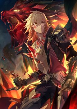 1boy armlet armor bad_link blonde_hair braid cape chest_tattoo clawed_gauntlets crystal crystal_shards earrings facial_tattoo gold_armlet gold_earrings gold_necklace hair_between_eyes highres honkai:_star_rail honkai_(series) jewelry lion male_focus mydei_(honkai:_star_rail) necklace official_art pants pauldrons red_cape shoulder_armor side_braid single_pauldron solo tattoo yellow_eyes