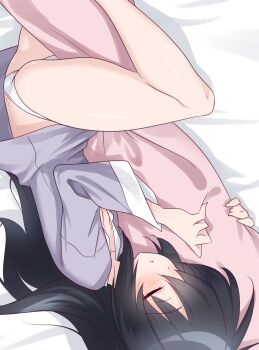 1girl ass black_hair blush breasts closed_mouth girls_und_panzer highres hugging_object kuzuryuu_kennosuke long_hair open_mouth panties pillow pillow_hug reizei_mako sleeping small_breasts solo underwear white_panties