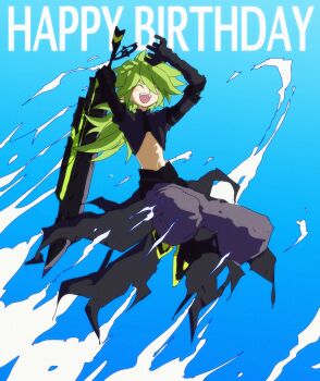 Rule 34 | 1boy, :d, ^ ^, aotu world, arms up, belt, black belt, black boots, black cape, black gloves, black jacket, black skirt, blue background, boots, cape, closed eyes, crop top, cropped jacket, english text, full body, gloves, greatsword, green hair, grey pants, hair over one eye, halo, hands up, happy, happy birthday, highres, holding, holding sword, holding weapon, huge weapon, jacket, jumping, long hair, low ponytail, male focus, midriff, navel, open mouth, pants, pointy ears, ponytail, rnlcksmaalcls, skirt, sky, smile, solo, sword, teeth, torn clothes, upper teeth only, waist cape, weapon, xander (aotu world)