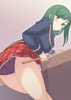 1girl ass black_panties black_serafuku black_shirt commentary_request cue_stick girlfriend_(kari) green_hair kokonoe_shinobu long_hair looking_at_viewer panties perapera plaid_clothes plaid_skirt red_skirt school_uniform serafuku shirt skirt smile solo standing underwear yellow_eyes