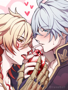 2boys antenna_hair black_choker black_shirt blonde_hair blue_eyes blush braid choker clawed_gauntlets commentary_request cup drinking_straw facial_tattoo from_side gradient_hair holding holding_cup honkai:_star_rail honkai_(series) licking_another&#039;s_finger male_focus medium_hair multicolored_hair multiple_boys mydei_(honkai:_star_rail) neck_tattoo parted_bangs phainon_(honkai:_star_rail) profile red_hair red_tattoo reno5sr shared_drink shirt short_hair side_braid tattoo white_hair yaoi yellow_eyes