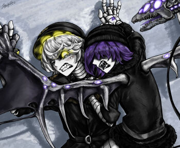 1boy 1girl black_hat black_jacket face_filter grey_hair hat highres humanoid_robot jacket m4skedboi machine mechanical_arms mechanical_wings murder_drones n_(murder_drones) purple_eyes purple_hair robot screen short_hair tail uzi_(murder_drones) white_hair wings yellow_eyes