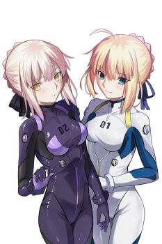 2girls absurdres ahoge artoria_pendragon_(fate) blonde_hair blush bodysuit braid braided_bun breasts cosplay fate/stay_night fate_(series) green_eyes hair_bun highres longdq3008 looking_at_viewer mecha_pilot_suit medium_breasts medium_hair multiple_girls neon_genesis_evangelion plugsuit_(evangelion) purple_bodysuit saber_(fate) saber_alter sidelocks smile white_bodysuit yellow_eyes
