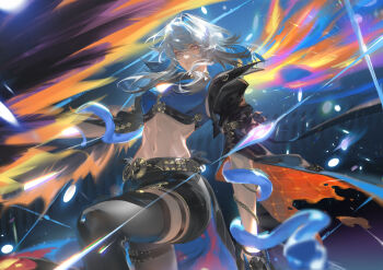 1girl absurdres black_gloves black_jacket black_pantyhose black_thighhighs blue_bra blue_hair bra breasts closed_mouth colored_inner_hair cropped_jacket galbrena_(wuthering_waves) gloves grey_hair highres jacket long_hair looking_at_viewer medium_breasts medium_hair missing_commentary multicolored_hair navel pantyhose purple_eyes shuangbatian single_leg_pantyhose single_thighhigh solo stomach thighhighs underwear wuthering_waves