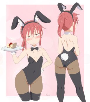 1girl animal_ears annoyed ass back bare_shoulders blush bow bowtie breasts collarbone embarrassed fake_animal_ears fake_tail flat_chest foxxarius glasses highres kobayashi-san_chi_no_maidragon kobayashi_(maidragon) pantyhose playboy_bunny ponytail rabbit_ears rabbit_tail red_hair simple_background small_breasts solo tail thick_thighs thighhighs thighs wide_hips wrist_cuffs