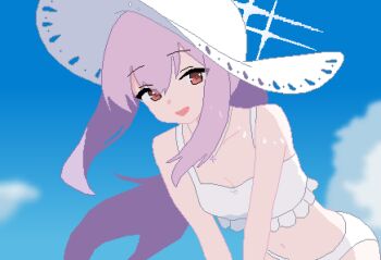 1girl atsuko_(blue_archive) atsuko_(swimsuit)_(blue_archive) bikini blue_archive blue_sky breasts cloud cowboy_shot day double-parted_bangs frilled_bikini frills hair_between_eyes halo hat highres jewelry leaning_forward long_hair looking_at_viewer necklace official_alternate_costume open_mouth outdoors pixel_art purple_hair red_eyes sky slmnk10124 small_breasts smile solo sun_hat swimsuit textless_version white_bikini white_halo white_hat