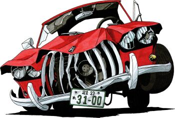 Rule 34 | absurdres, broken glass, car, chris the car (megami tensei), christine (novel), crack, damaged, demon (megami tensei), full body, glass, highres, kazuma kaneko, license plate, marker (medium), motor vehicle, no humans, official art, possessed, retro artstyle, scan, shin megami tensei, shin megami tensei ii, solo, third-party source, traditional media, transparent background, vehicle focus