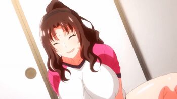 1girl 2022 20s animated animated_gif anime_screenshot aunt bouncing_breasts breast_press breasts brown_hair closed_eyes cowgirl_position garden_~takamine-ke_no_nirinka~ girl_on_top gym_uniform implied_sex kasumi_takamine large_breasts mature_female multicolored_shirt no_bra pink_pineapple pink_shirt ponytail sex shirt sideboob sidelocks sportswear straddling tagme takamine_kasumi thick_thighs thighs upright_straddle white_shirt