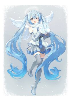 1girl aqua_eyes blue_scarf boots commentary commentary_request detached_sleeves full_body grey_hair grey_skirt hair_between_eyes hair_ornament happy hatsune_miku highres long_hair long_sleeves looking_at_viewer mittens official_alternate_costume open_mouth pleated_skirt scarf shirt skirt sleeveless sleeveless_shirt smile snowflake_print snowflakes symbol-only_commentary thick_thighs thigh_boots thighhighs thighs twintails uminokaisen very_long_hair vocaloid white_mittens white_scarf white_shirt yuki_miku yuki_miku_(2011) zettai_ryouiki