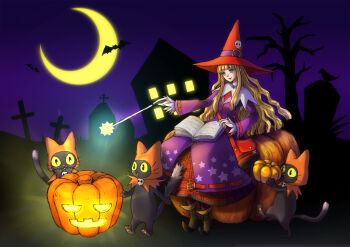 Rule 34 | 1girl, animal ears, artist name, artist request, blonde hair, blue eyes, book, cat, cat ears, cat tail, curly hair, graveyard, halloween, happy, hat, holly (riz-zoawd), jack-o'-lantern, long hair, long skirt, magic, outdoors, pumpkin, riz-zoawd, sitting, skirt, smile, smiley face, tail, the wizard of oz, wand, witch, witch hat