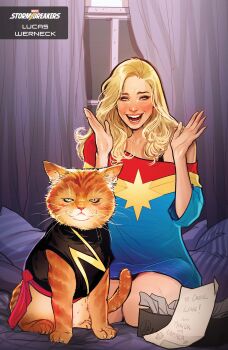 Rule 34 | 1girl, :d, absurdres, artist name, blonde hair, blue eyes, box, carol danvers, cat, comic cover, company name, cover, cover page, curtains, english text, goose (marvel), highres, letter, long hair, looking at viewer, lukas werneck, marvel, official art, on bed, open mouth, orange cat, oversized clothes, oversized shirt, paper, pillow, seiza, shirt, sitting, smile, tabby cat, teeth, unamused, western comics (style), whiskers