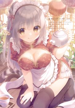 1girl :q absurdres animal_ears apron black_socks breasts cat_ears cat_girl cat_tail china_dress chinese_clothes chinese_knot cup dress grey_hair hair_between_eyes hair_over_shoulder hand_on_own_knee highres holding holding_teapot lantern large_breasts leaf liquid long_hair maid maid_headdress no_shoes original socks sunlight tail teacup teapot thighhighs tongue tongue_out white_apron yellow_eyes yukie_(peach_candy)
