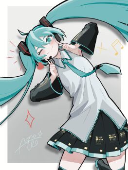 Rule 34 | 1girl, absurdres, ahoge, aono leo1, aqua eyes, aqua hair, aqua nails, aqua necktie, black skirt, blush, border, closed mouth, collared shirt, commentary request, detached sleeves, eyelashes, fingernails, fingers to cheeks, grey background, grey shirt, hair between eyes, hatsune miku, headset, heart, highres, long hair, musical note, nail polish, necktie, notice lines, one eye closed, shadow, shirt, simple background, skirt, smile, solo, twintails, vocaloid, white border
