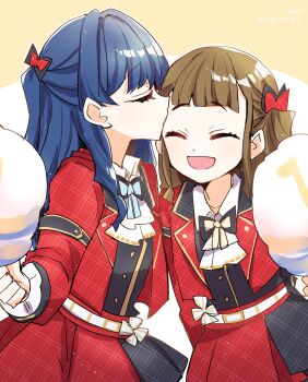 Rule 34 | 2girls, 5th live tour ~4pair power spread!!!!~, :d, ^ ^, black vest, blue bow, blue bowtie, blue hair, bow, bowtie, brown hair, center-flap bangs, closed eyes, commentary request, cotton candy, cowboy shot, dollchestra, food, hair bow, half updo, highres, holding, holding cotton candy, holding food, jacket, kachimachi kosuzu, kanduki kamibukuro, kiss, kissing forehead, link! like! love live!, long hair, love live!, miniskirt, multiple girls, murano sayaka, official alternate costume, open clothes, open jacket, open mouth, plaid clothes, plaid jacket, plaid skirt, pleated skirt, red bow, red bowtie, red jacket, red skirt, skirt, smile, sugar melt (love live!), taiyou de are!, vest, virtual youtuber, yellow bow, yellow bowtie