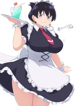 1girl absurdres apron arato_nagi back_bow black_dress black_hair blue_eyes bow breasts chignon cocktail collared_dress corset cup dress earrings folded_ponytail frilled_apron frilled_dress frills heart heart_earrings highres holding holding_tray huge_breasts jewelry maid maid_headdress masakin necktie purple_eyes ruri_no_houseki smile solo standing tray twitter_username waitress white_apron white_background white_bow wrist_cuffs