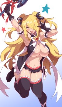 1girl :d arm_garter armpits black_footwear black_gloves black_skirt black_thighhighs blonde_hair breasts commentary_request cynthia_(pokemon) fang frilled_skirt frills gloves hair_over_one_eye highres holding holding_wand konno_tohiro large_breasts long_hair looking_at_viewer m/ magical_girl miniskirt navel nintendo open_mouth poke_ball pokemon pokemon_dppt simple_background skin_fang skirt smile solo standing standing_on_one_leg star_(symbol) sweatdrop thighhighs two_side_up wand white_background