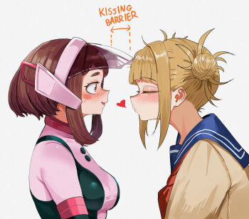 2girls absurdres blonde_hair blue_sailor_collar blush bodysuit boku_no_hero_academia breasts brown_eyes brown_hair cardigan heart highres medium_breasts multiple_girls neckerchief pink_bodysuit puckered_lips red_neckerchief sailor_collar sweat toga_himiko uraraka_ochako visor_(armor) white_background yellow_cardigan yuri zd_(pixiv6210083)