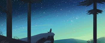 analogous_colors artist_name bush cliff forest from_behind gradient_sky landscape mountainous_horizon nature night no_humans original outdoors scenery shooting_star signature silhouette sitting sky snow star_(sky) starry_sky tree wolf zandra