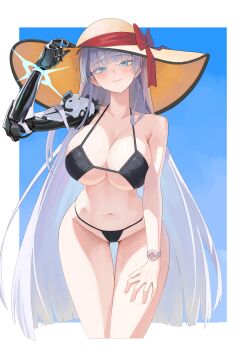 1girl absurdres alternate_costume bikini black_bikini colored_eyelashes dolgom goddess_of_victory:_nikke highres mechanical_arms mechanical_hands nayuta_(nikke) single_mechanical_arm single_mechanical_hand smile swimsuit thick_eyelashes unusually_open_eyes white_eyelashes
