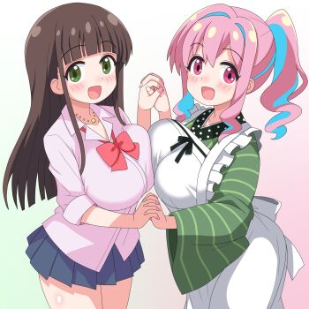 Rule 34 | 2girls, :d, ama usa an uniform, apron, asymmetrical docking, blue hair, blue skirt, blunt bangs, blush, bow, bowtie, breast press, breasts, brown hair, commentary request, cosplay, costume switch, cowboy shot, crossover, frilled apron, frills, gochuumon wa usagi desu ka?, gradient background, green background, green eyes, green kimono, gyaru, highres, hime cut, holding hands, hozuki kaede, hozuki kaede (cosplay), interlocked fingers, japanese clothes, jewelry, kimono, kogal, large breasts, long hair, loose bowtie, maid, maid apron, miniskirt, multicolored hair, multiple girls, necklace, onii-chan wa oshimai!, open mouth, pink background, pink eyes, pink hair, pleated skirt, ponytail, red bow, red bowtie, sakuzo, simple background, skirt, smile, striped clothes, striped kimono, two-tone hair, ujimatsu chiya, ujimatsu chiya (cosplay), wa maid, white apron
