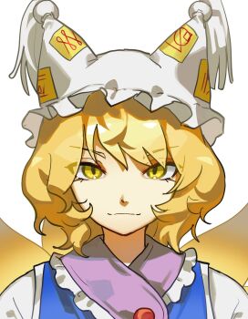 Rule 34 | 1girl, blonde hair, blue tabard, closed mouth, commentary, dress, favnvs (s910a ib6), fox girl, fox tail, hat, highres, kitsune, kyuubi, looking at viewer, medium hair, multiple tails, portrait, smile, solo, tabard, tail, touhou, white background, white dress, yakumo ran, yellow eyes