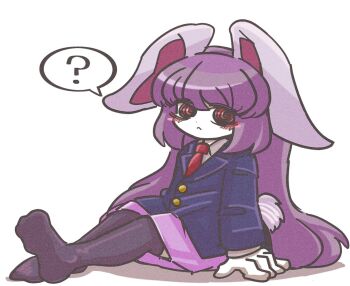 1girl :&lt; ? animal_ears blue_jacket blush buttons closed_mouth collared_shirt hair_between_eyes jacket lapels long_hair long_sleeves looking_at_viewer miniskirt necktie no_shoes pink_skirt purple_hair purple_thighhighs rabbit_ears rabbit_girl rabbit_tail red_eyes red_necktie reisen_udongein_inaba ringed_eyes shadow shirt simple_background sitting skirt solo speech_bubble spoken_question_mark suenari_(peace) tail thighhighs touhou very_long_hair white_background white_shirt