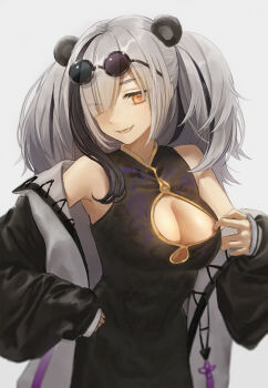 Rule 34 | 1girl, :d, animal ears, arknights, bare shoulders, black dress, black hair, breasts, china dress, chinese clothes, cleavage, cleavage cutout, clothing cutout, commentary request, dress, eyes visible through hair, eyewear on head, feater (arknights), grey background, grey hair, hair over one eye, highres, jacket, jfjf, long hair, long sleeves, looking at viewer, medium breasts, multicolored hair, off shoulder, open clothes, open jacket, open mouth, orange eyes, panda ears, revision, simple background, sleeveless, sleeveless dress, smile, solo, streaked hair, upper body