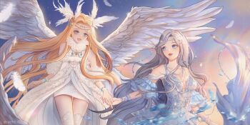 2girls absurdly_long_hair absurdres bare_shoulders bead_bracelet bead_necklace beads bird_girl bird_wings blonde_hair blue_eyes blue_sky blue_sleeves blue_tail blue_wrist_cuffs bracelet breasts center_opening choker circlet collarbone commentary cowboy_shot detached_sleeves dress english_commentary eyelashes falling_feathers feather_choker feather_hair_ornament feather_sleeves feathered_wings feathers fins fish_tail flat_chest forehead frilled_sleeves frilled_wrist_cuffs frills gradient_sky grey_hair grin hair_ornament happy highres holding_hands jewelry lace lace_thighhighs light_particles lipstick lizhi35 long_dress long_hair long_sidelocks looking_at_another makeup medium_breasts mermaid miniskirt miracle_nikki monster_girl multiple_girls necklace nikki_(series) ocean_dream_(miracle_nikki) open_mouth orange_sky outdoors pencil_skirt pink_lips puffy_short_sleeves puffy_sleeves short_sleeves sidelocks skirt skirt_under_dress sky sleeveless sleeveless_dress smile sparkle splashing spread_wings sun sunset tail teeth thighhighs upper_teeth_only very_long_hair water_drop wavy_hair white_choker white_dress white_skirt white_sleeves white_thighhighs white_wings winged_journey_(miracle_nikki) wings wrist_cuffs