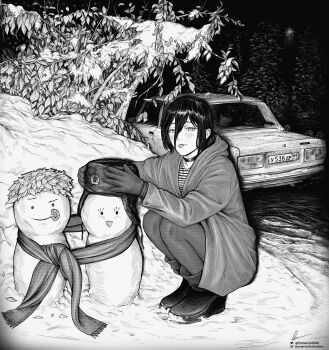 2girls absurdres adjusting_clothes adjusting_headwear ankle_boots blush boots car chainsaw_man character_request character_snowman check_character choker coat commentary denji_(chainsaw_man) emblem gloves greyscale hair_between_eyes hammer_and_sickle hat highres instagram_logo instagram_username leaf_hat long_hair_between_eyes looking_at_viewer makima_(chainsaw_man) marvin_(omarvin) monochrome motor_vehicle mouse_(animal) multiple_girls outdoors pantyhose reze_(chainsaw_man) scarf shared_clothes shared_scarf shirt signature snow snowman solo_focus squatting striped_clothes striped_shirt telnyashka tongue tongue_out twitter_logo twitter_username ushanka