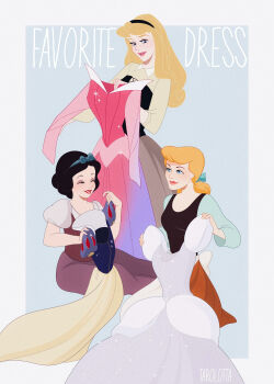 3girls absurdres black_hair blonde_hair bow cinderella_(disney_character) cinderella_(disney_movie) company_connection disney disney_princess dress hair_bow highres holding long_hair looking_at_viewer multiple_girls open_mouth puffy_short_sleeves puffy_sleeves red_bow short_hair short_sleeves sleeping_beauty_(disney) smile snow_white_(disney) snow_white_and_the_seven_dwarfs_(disney) solo tarolotta