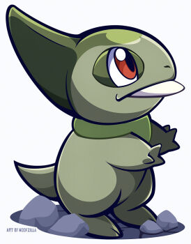 axew closed_mouth commentary english_commentary full_body gen_5_pokemon highres nintendo no_humans nostrils pokemon pokemon_(creature) red_eyes rock simple_background solo white_background woofzilla