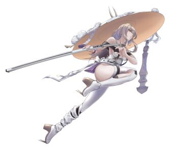 1girl absurdres armor bodysuit breasts closed_mouth clothing_cutout fighting_stance full_body goddess_of_victory:_nikke grey_hair hat highres japanese_armor jingasa kote large_hat leotard long_hair looking_ahead medium_breasts ready_to_draw scarlet_(nikke) shoulder_armor simple_background sode solo sword utsumichaba weapon white_background white_bodysuit white_leotard yellow_eyes