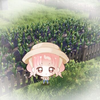 1girl baonu_de_zhanshen_caibutou bare_arms black_shoes blue_pants blunt_bangs blush_stickers bow bowtie braid brown_bow brown_bowtie brown_eyes brown_hat bud chibi chinese_commentary closed_mouth clothes_writing commentary_request day denim eyelashes fence flower flying_sweatdrops game_screenshot_inset garden grass hand_on_own_hip happy hat heart heart_print infinity_nikki jeans long_hair looking_at_viewer low_twin_braids nikki_(nikki) nikki_(series) outdoors pants pink_hair print_shirt shirt shoes short_sleeves sidelocks smirk solo standing straight-on sweat t-shirt tulip twin_braids very_long_hair vignetting white_shirt