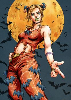 1girl absurdres adapted_costume animal_print arm_tattoo bat_(animal) bat_ornament belt_buckle black_hair blonde_hair braid buckle commentary commentary_request cone_hair_bun crop_top double_bun english_commentary faux_traditional_media full_moon green_eyes green_lips green_nails hair_bun halloween hand_on_own_hip highres jack-o&#039;-lantern_ornament jojo_no_kimyou_na_bouken kaib0y kuujou_jolyne makeup midriff mixed-language_commentary moon multicolored_hair navel orange_pants orange_tank_top pants pointing solo spider_ornament spider_web_print stone_ocean tank_top tattoo two-tone_hair