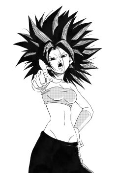 Rule 34 | 1girl, absurdres, angry, arm up, bandeau, caulifla, commentary, dragon ball, dragon ball super, english commentary, greyscale, highres, long hair, looking at viewer, midriff, monochrome, navel, open mouth, pants, pointing, pointing at viewer, roub3d, screentones, shouting, simple background, solo, spiked hair, strapless, tube top, upper body, very long hair, white background