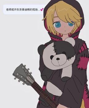 1girl blonde_hair blue_eyes expressionless guitar highres holding holding_guitar holding_instrument holding_stuffed_toy hood hood_up hooded_coat instrument kagamine_rin kousou_(vanilla_rkgk) long_sleeves looking_at_viewer patchwork_clothes request_inset short_hair solo stuffed_animal stuffed_toy teddy_bear tokyo_teddy_bear_(vocaloid) vocaloid