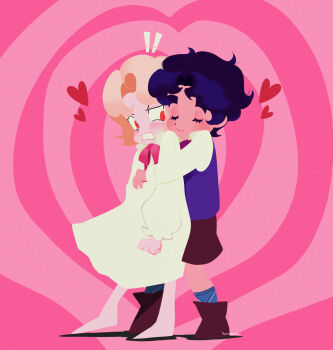 ! !! 2boys aged_down barefoot blush closed_mouth crossdressing crossdressing_(mtf) dio_brando dress eyelashes frown heart highres inseki jojo_no_kimyou_na_bouken jonathan_joestar kodomo_doushi long_sleeves male_focus multiple_boys open_mouth phantom_blood pink_background purinpankeki red_eyes shorts smile thick_eyebrows yaoi