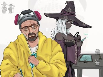 1boy 1girl breaking_bad brown_facial_hair crossover elden_ring elden_ring_nightreign facial_hair hazmat_suit highres johnholl0w jumpsuit old old_man recluse_(elden_ring) walter_white white_hair yellow_jumpsuit
