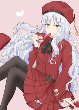 1girl beret black_pantyhose caren_hortensia chocolate commentary_request fate/grand_order fate_(series) fingernails food frilled_sleeves frills hat highres holding holding_chocolate holding_food mouth_hold pale_skin pantyhose pink_background pleated_skirt red_hat red_ribbon red_shirt red_skirt ribbon ribbon_in_mouth sakura_yuto shirt skirt solo twitter_username valentine wavy_hair white_hair yellow_eyes