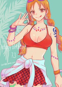Rule 34 | 1girl, :q, bare shoulders, birthday, body markings, bracelet, braid, breasts, brown eyes, cleavage, closed mouth, clothes around waist, commentary request, cowboy shot, crop top, dated, earrings, eyewear on head, facial mark, happy birthday, hoop earrings, jewelry, log pose, long hair, looking at viewer, low twin braids, low twintails, medium breasts, midriff, miniskirt, nail polish, nami (one piece), navel, official alternate costume, official alternate hairstyle, ok sign, one piece, one piece film: red, orange hair, red skirt, red tank top, shirt, shirt around waist, shoulder tattoo, skirt, smile, solo, sunglasses, tank top, tattoo, tongue, tongue out, twin braids, twintails, twitter username, white shirt, yoico-ueda