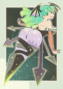 1girl arms_at_sides artist_logo ass bare_shoulders black_boots black_leotard blush boots breasts darkstalkers demon_girl dot_nose elbow_gloves eyelashes female_focus fingerless_gloves flying from_behind full_body gloves green_background green_eyes green_hair head_wings huge_ass large_breasts leotard logo long_hair looking_at_viewer looking_back matching_hair/eyes morrigan_aensland open_mouth orange_gloves pantyhose purple_pantyhose simple_background solo strapless strapless_leotard wings y.o_(chuchu)