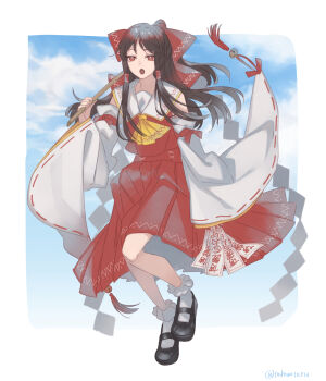 1girl :o ascot bell black_shoes bow brown_hair collared_vest commentary detached_sleeves eyebrows_hidden_by_hair full_body gohei hair_bow hair_tubes hakurei_reimu holding holding_gohei jingle_bell looking_at_viewer mary_janes ofuda open_mouth ponytail red_bow red_eyes red_skirt red_vest ribbon-trimmed_sleeves ribbon_trim shoes sidelocks skirt skirt_set socks solo tassel toshio touhou twitter_username vest white_sleeves white_socks wide_sleeves yellow_ascot