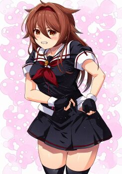 Rule 34 | 1girl, black gloves, black serafuku, black shirt, black skirt, black thighhighs, brown eyes, brown hair, clenched teeth, commentary request, fingerless gloves, gloves, hair flaps, highres, kanmiya shinobu, kantai collection, long hair, panties, pleated skirt, sailor collar, school uniform, serafuku, shiratsuyu (kancolle), shiratsuyu kai ni (kancolle), shirt, skirt, solo, struggling, teeth, thighhighs, undersized clothes, underwear, weight conscious, whistle, whistle around neck, white panties, white sailor collar