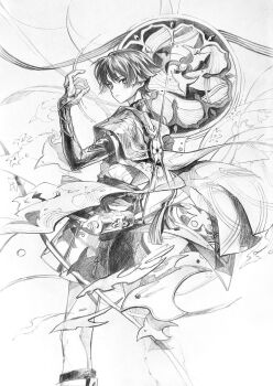 Rule 34 | 1boy, armor, artist name, belt, bird, blunt ends, bosonn 13, bridal gauntlets, cape, choppy bangs, closed mouth, curled fingers, fatui logo, furisode, genshin impact, graphite (medium), hakama, hakama shorts, hand up, highres, japanese armor, japanese clothes, kimono, kote, leg warmers, looking at viewer, looking back, male focus, mandala, mitsudomoe (shape), pleated shorts, rope, sash, scaramouche (genshin impact), short sleeves, shorts, sketch, solo, tomoe (symbol), traditional media, wanderer (genshin impact)