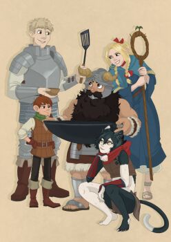 2girls 3boys ambrosia_(dungeon_meshi) animal_ears animeagan armor beard belt belt_pouch black_hair blonde_hair boots brown_boots brown_eyes brown_hair cat_ears cat_tail chilchuck_tims choker commentary dungeon_meshi dwarf elf english_commentary facial_hair fake_horns fingerless_gloves gloves greaves green_eyes hair_between_eyes hand_on_own_hip helmet highres holding holding_pan holding_staff horned_helmet horns izutsumi laios_touden marcille_donato multiple_boys multiple_girls mustache padded_armor pointy_ears pouch red_choker red_scarf robe sandals scarf senshi_(dungeon_meshi) short_hair smile spatula squatting staff tail yellow_eyes