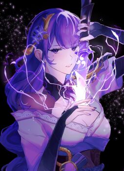 Rule 34 | 1girl, aerea, bare shoulders, black background, black bridal gauntlets, black nails, blunt bangs, bow, breasts, bridal gauntlets, cleavage, commentary, electricity, english commentary, eyelashes, facepaint, gem, genshin impact, hand on own chest, highres, holding, holding sword, holding weapon, japanese clothes, kimono, large breasts, light blush, light particles, lips, long hair, long sleeves, looking at viewer, mole, mole under eye, nail polish, obi, off shoulder, parted lips, pink lips, purple bow, purple eyes, purple gem, purple hair, purple theme, raiden shogun, red sash, sash, sheath, simple background, single stripe, solo, striped bow, sword, teeth, unsheathing, upper body, very long hair, vision (genshin impact), waist bow, wavy hair, weapon, white kimono, wide sleeves