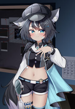 1girl absurdres animal_ear_fluff animal_ears badge bandaid bandaid_on_face belly black_hair blue_eyes blush blush_stickers breasts cloak closed_mouth coat commission dog_ears dog_tail fang fangsie_fido hair_ornament hairclip hat highres indoors jewelry magnifying_glass navel pants reqware shirt short_hair shorts smile smug solo standing tail thighs variance_project virtual_youtuber