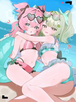 !? 2girls :o absurdres alternate_costume aqua_bikini aqua_eyes aqua_streaks aria_(human)_(zenless_zone_zero) aria_(zenless_zone_zero) arms_around_neck ass asymmetrical_bangs barefoot beach bikini blue_eyes blue_sky blunt_bangs blush bow cat-shaped_eyewear cloud commentary crossed_bangs day double-parted_bangs earrings eyewear_on_head flat_chest frilled_bikini frills gingham_bikini gingham_clothes glasses green_eyes green_hair green_halo hair_between_eyes hair_bow hair_intakes halo hand_on_another's_shoulder heart heart-shaped_eyewear heart_earrings heart_glasses highres holding holding_swim_ring innertube jewelry loli looking_at_viewer medium_hair multi-strapped_bikini_bottom multicolored_hair multiple_girls navel open_mouth outdoors pink_bikini pink_hair quad_tails recording shusuchii sky star-shaped_pupils star_(symbol) stomach streaked_hair sunglasses sunna_(zenless_zone_zero) swim_ring swimsuit symbol-shaped_pupils twintails untranslatable_commentary viewfinder wavy_mouth wings zenless_zone_zero
