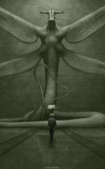 alien all_tomorrows artist_name big_head bug clipboard commentary english_commentary greyscale holding holding_clipboard holding_with_tail monochrome multiple_wings pen prehensile_tail qu_(all_tomorrows) reflection reflective_floor star_people_(all_tomorrows) tail tusks vanga_vangog wings